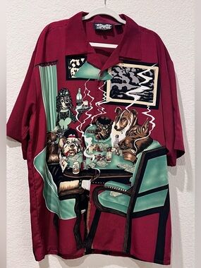 Vintage Dragonfly Clothing Company Dogs Playing Poker Red Button Up | Men’s XXL